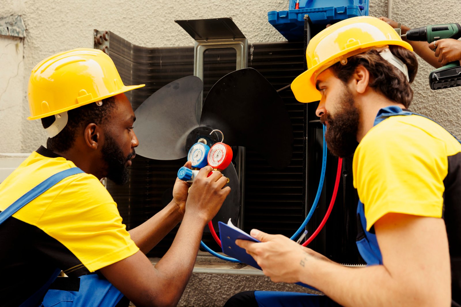 Meticulous wiremen expertly refilling freon in external air conditioner while using manifold measurement device to closely measure the pressure in HVAC system, ensuring perfect cooling performance